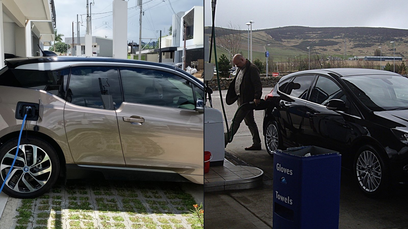 Electric car charging at home next to a car refuelling at a petrol pump